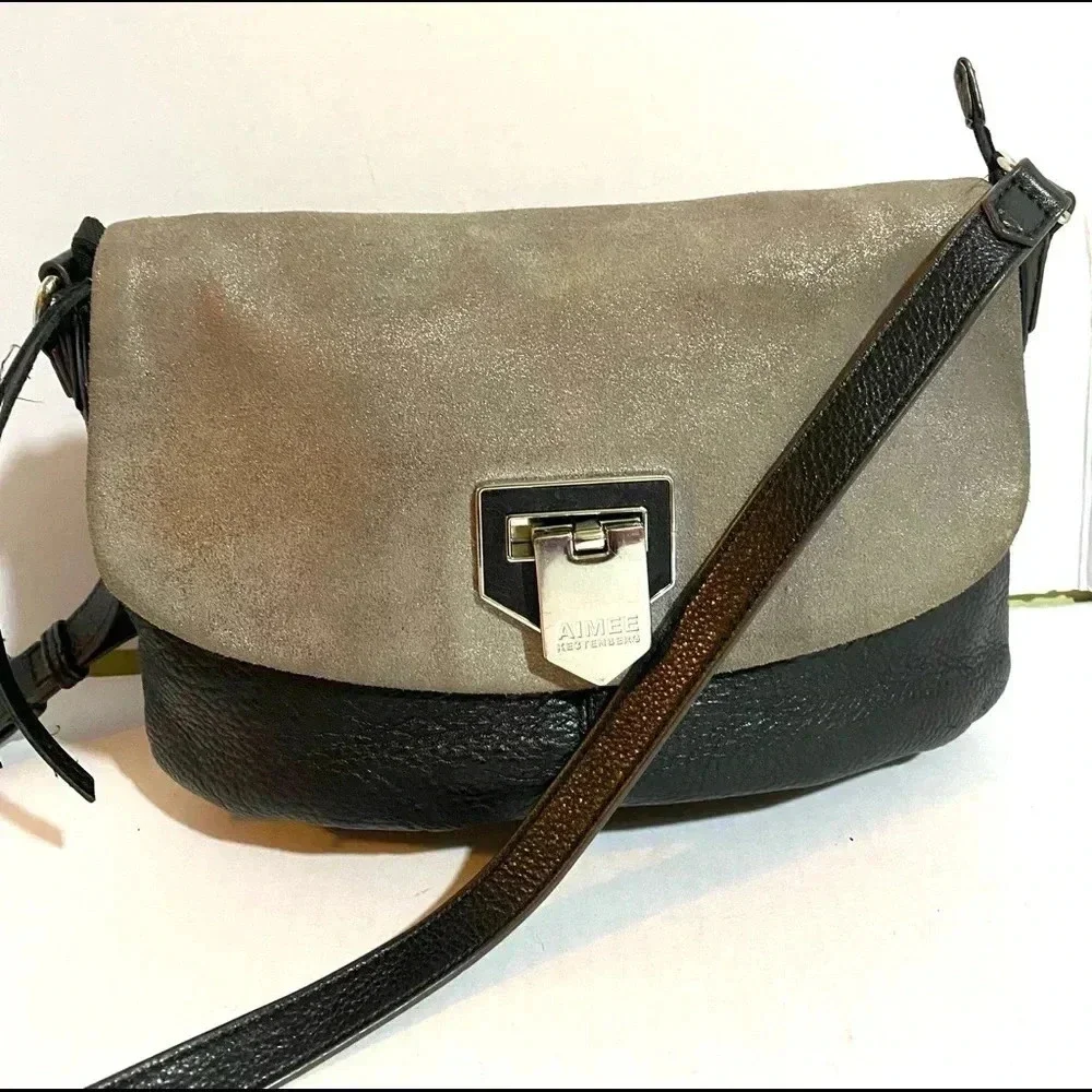 Aimee Kestenberg black grey leather suede satchel handbag